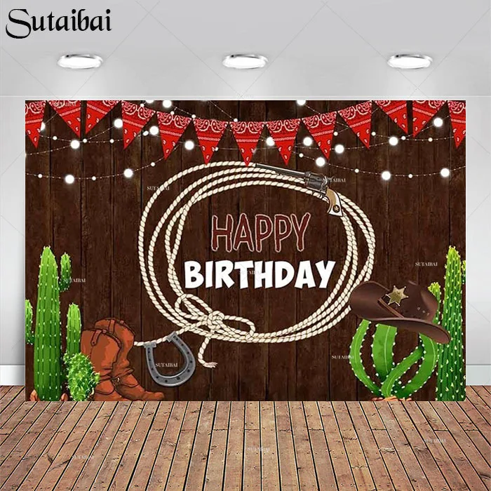 

Cowboy Birthday Backdrop Wild West Hat Cactus Banner Rustic Wooden Backdrops for Photography Birthday Party Decoration for Kids