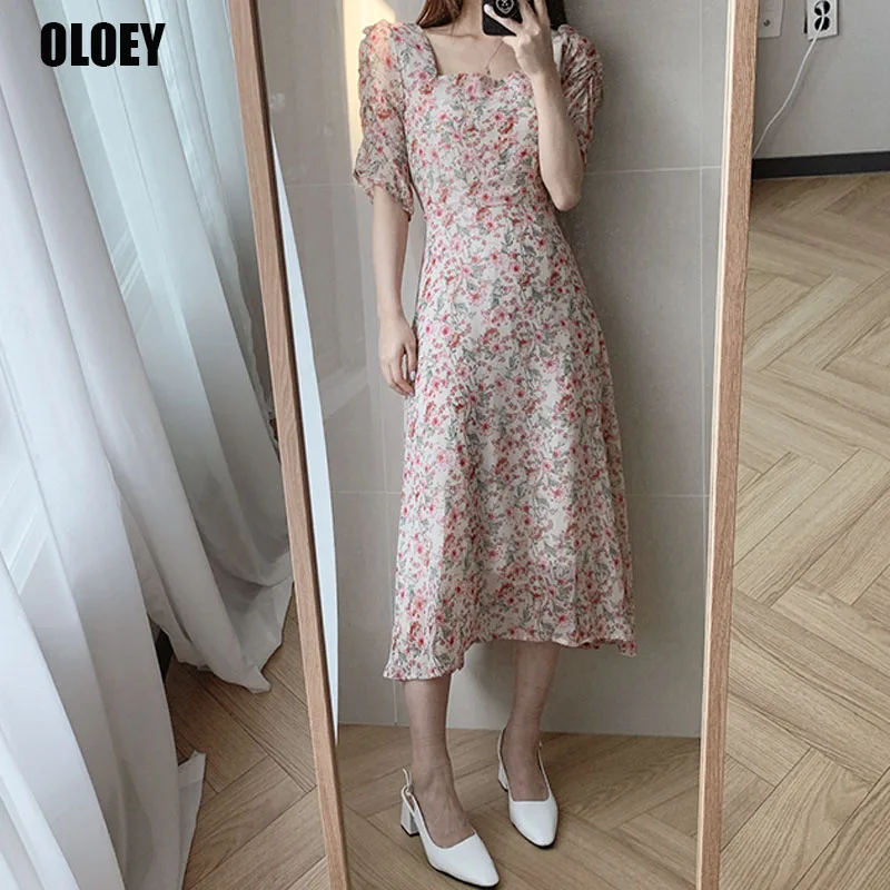

Summer Women Sweet Patchwork Dress 2021 Female Casual Party Holiday Outdoor Korean Dress Pink Chiffon Elegant Print Floral Dress