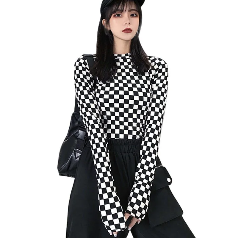 

Spring And Autumn Korean Slim Stretch Small Plaid Bottom Shirt Long Sleeve T-shirt Top Women's Black And White Plaid