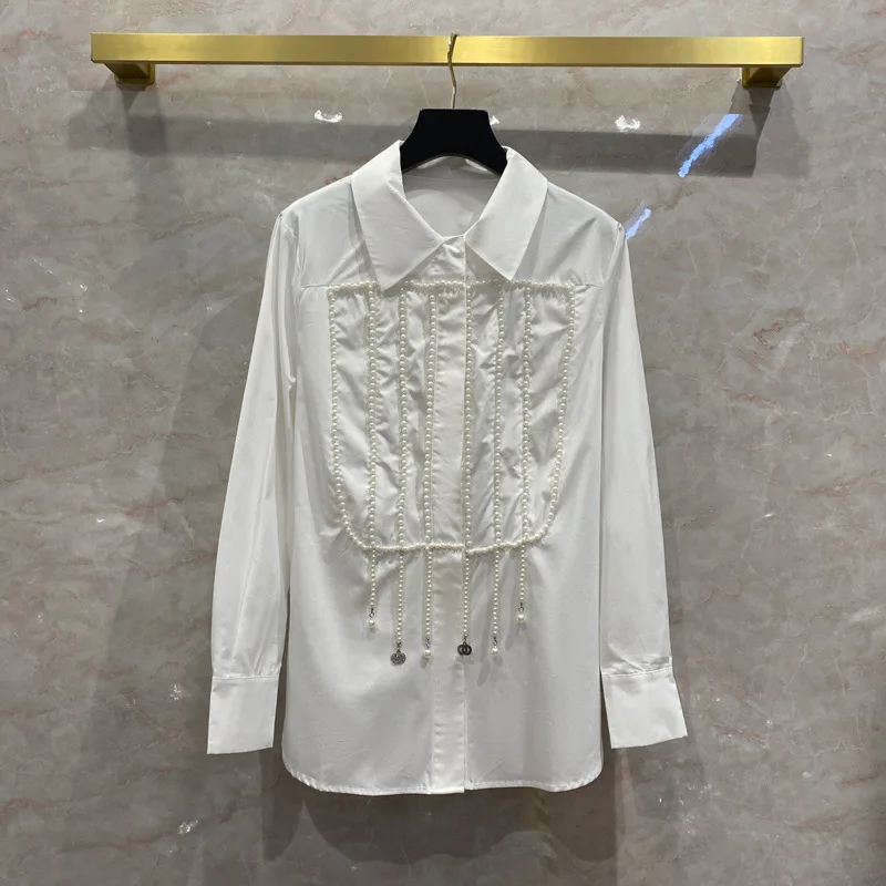 

Spring 2021 new desiger women's high quality 100% cotton pearls beading shirts france style tassels blouses top C821