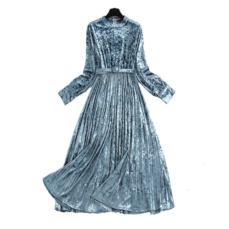 

Velvet dress high end autumn / winter 2020 new femininity standing collar waistband mid length elastic pleated