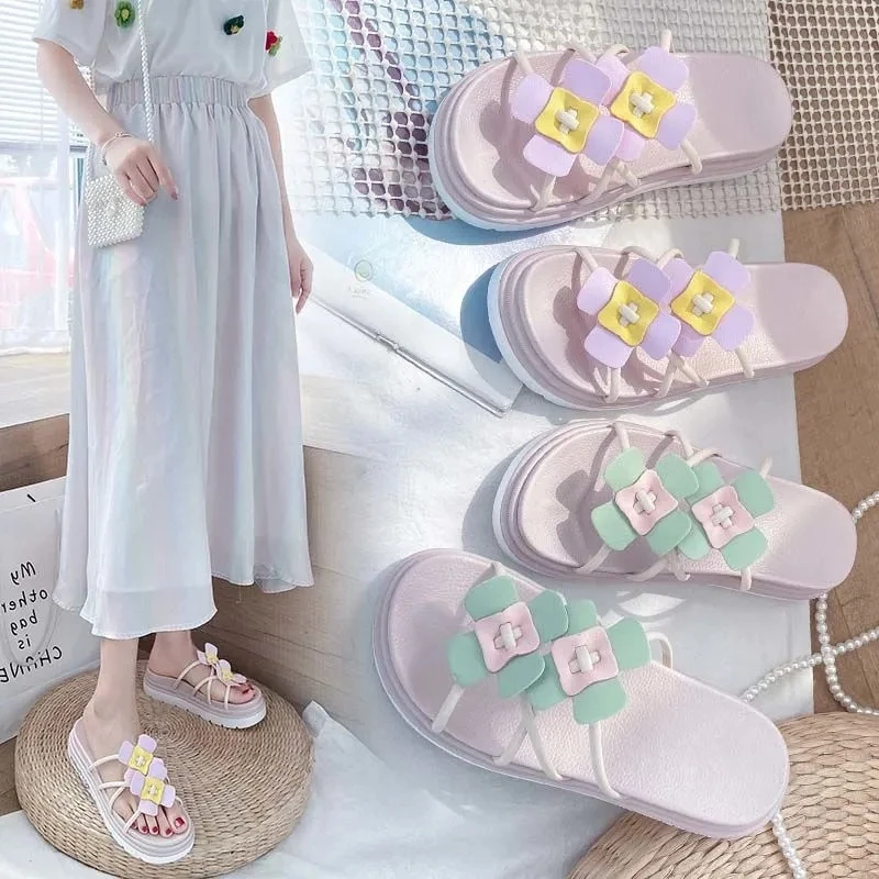 

Summer Waterproof Flowers Women Non-slip Home Slippers Korean Style Fashion Cross Straps Comfortable Thick-soled Beach Slippers