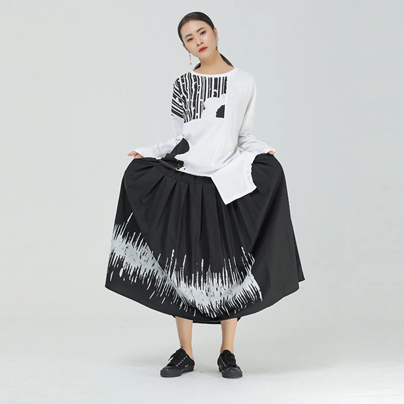 

CHICEVER Asymmetrical Pattern Skirt For Women High Waist Loose Hit Color Designer Print Ankle Length Skirts Female 2021 Clothing