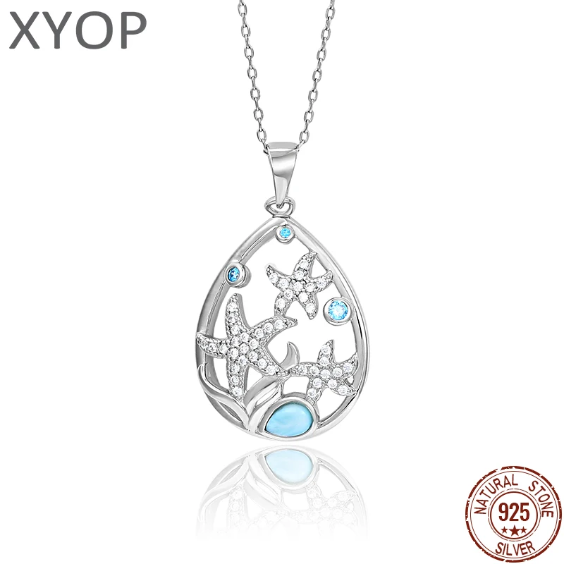 

Starfish Design 925 Sterling Silver Jewelry Gifts Classic Retro Precious Natural Larimar Pendant Necklace