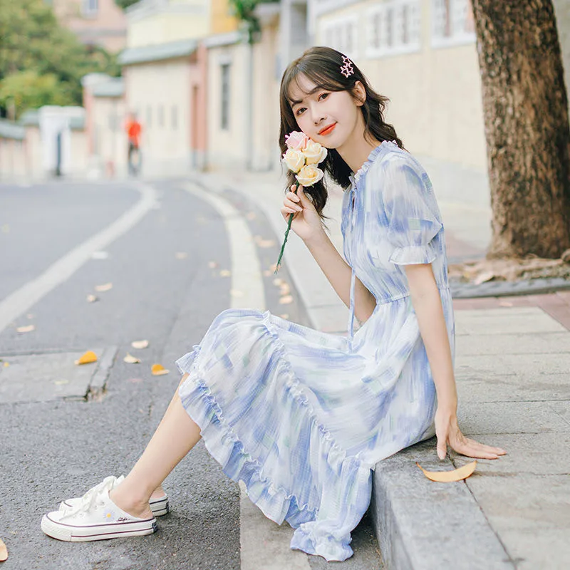 

2021 Summer Women's Skirts Short Sleeve Ink Painting Dress French Style Super Sweet Chiffon Free Shipping Lady Dresses LX071