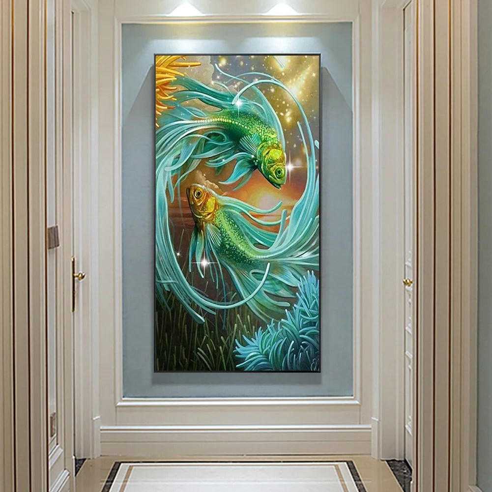 

5D DIY Full Drill Round Diamond Painting Twin Goldfish Diamond Embroidery Mosaic Kit Home Decor for Bead Art Wall Gift 45x85cm