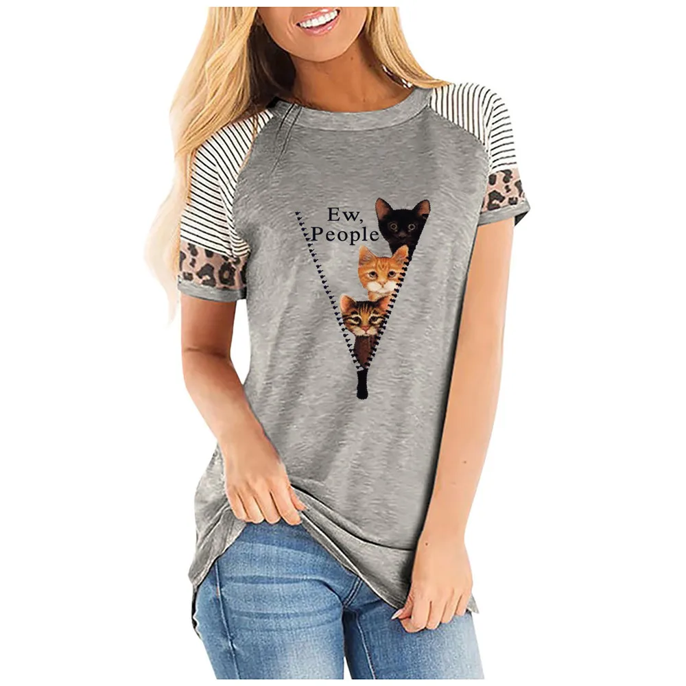 

Womens Fashion Casual Cat Printed Crew Neck Short Sleeve T-Shirt Tops Summer Casual Plus Size Tees