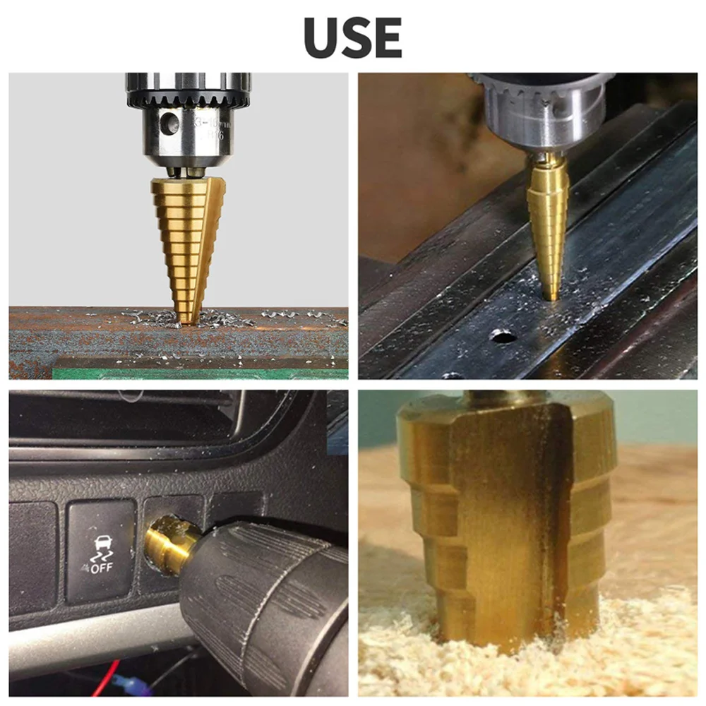 HSS Straight Groove Step Drill Bit Titanium Coated Wood Metal Hole Cutter Core Drilling Tools Set 4 Models 3-12 4-12 4-20 4-32 |