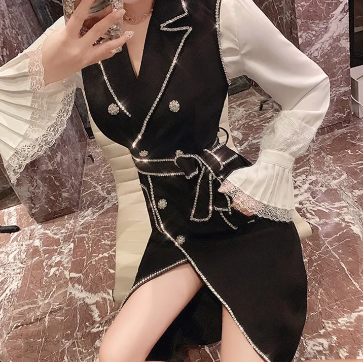 Fashion Autumn Celebrity Lady's Water Drilled Diamond Double-breasted Suit Dress Slim Shiny Women Blazer Dress