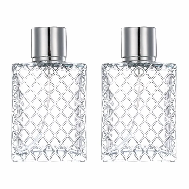 

50ml Portable Empty Squaer Transparent Glass Perfume Bottle Silver Spray Lid Cosmetic Packaging Parfum Refillable Vials 10pcs