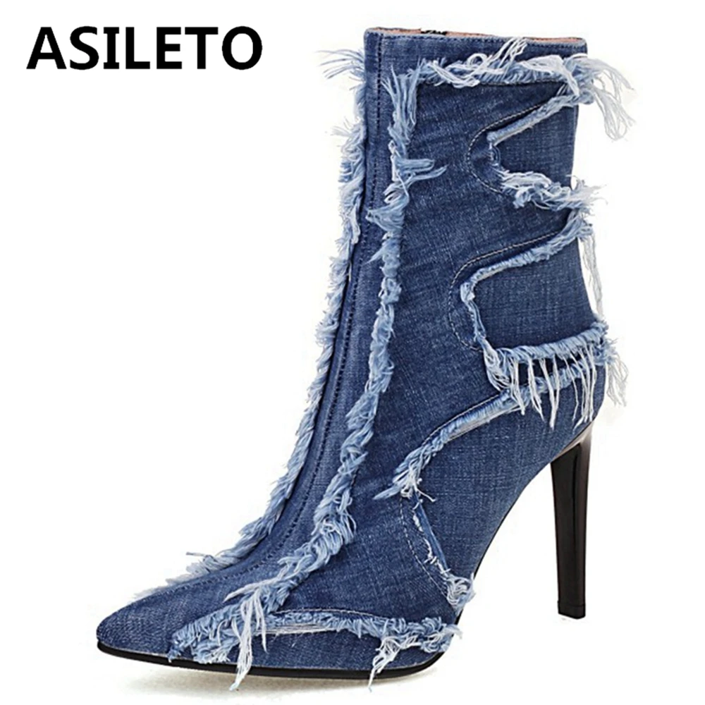 

ASILETO 2021 New Autumn Design Ripped Denim Ankle Boots Pointed Toe Stiletto High Heel Zip Fur inside Small Size 33-45 S2478