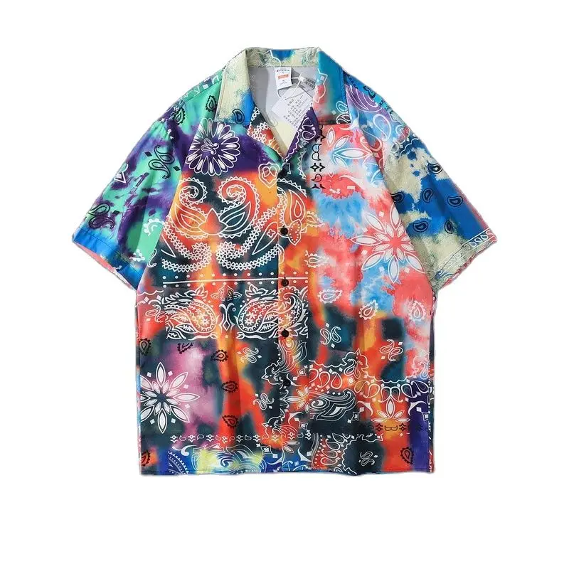 

2021 Kpop New Summer Cashew Printed Tie Dye Casual Men Shirt Short Sleeve Holiday Hawaiian Dress Women Shirts Camisas De Hombre