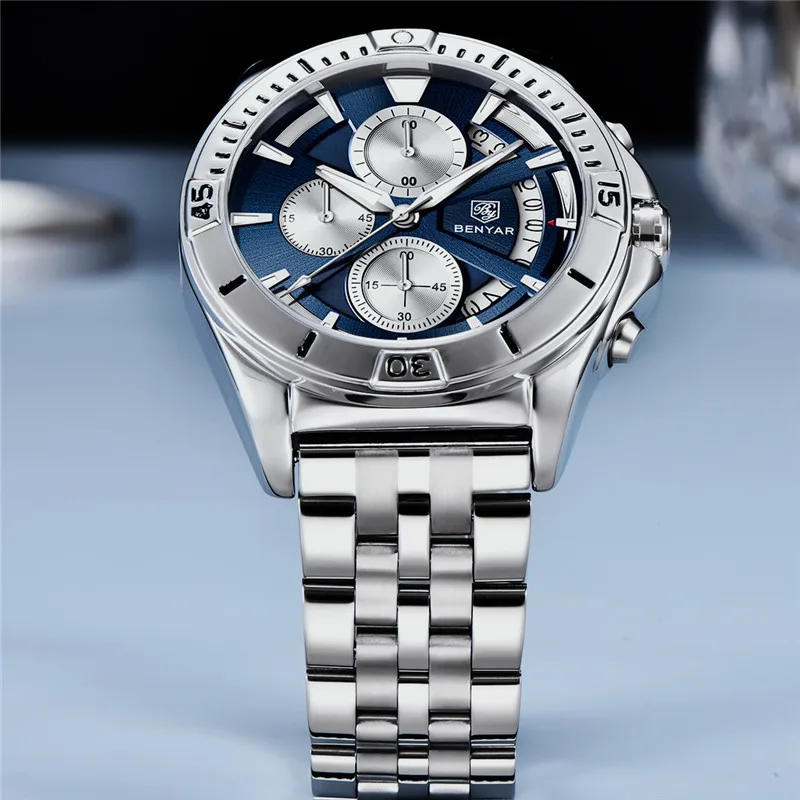 BENYAR Fashion Sport Watch Men Top Brand Luxury Blue Male Chronograph Clock Military Stainless Steel Waterproof Wristwatch 5180 | Наручные
