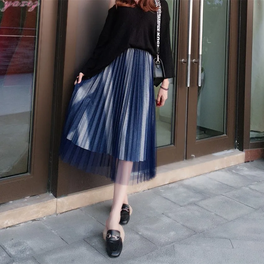 

Женская Юбка-миди из фатина, градиентная плиссированная юбка из бархата и сетки, с высокой талией, 2020