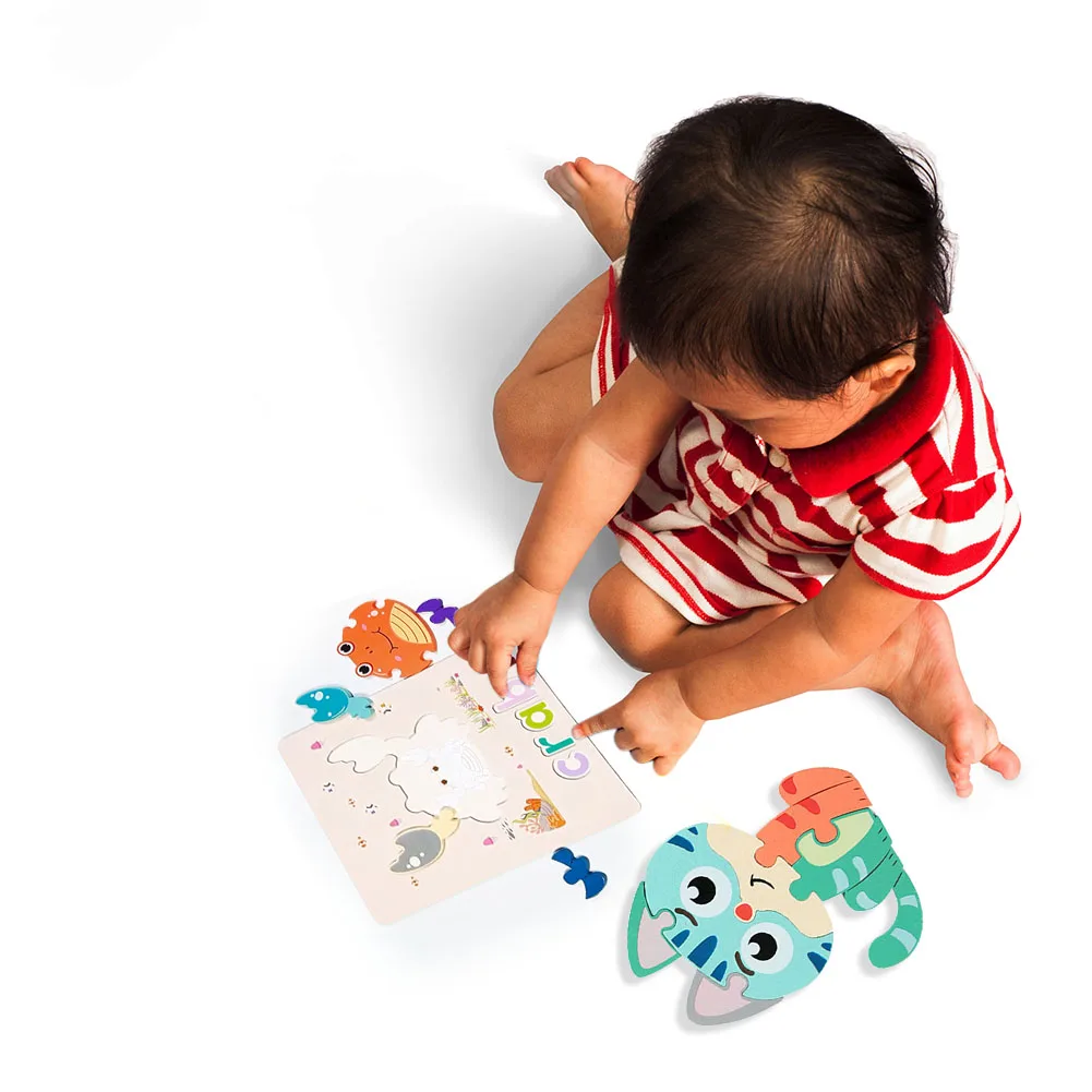 

3D Cartoon Three-Dimensional Puzzle Wooden Educational Toys Animal Buckle English Words Three-Dimensional Puzzle Wooden