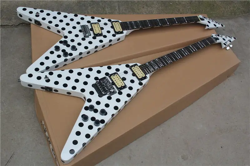 

Special shaped, V-shaped electric guitar, white black spot body, double open pickup, white shell fingerboard, real pictures, can
