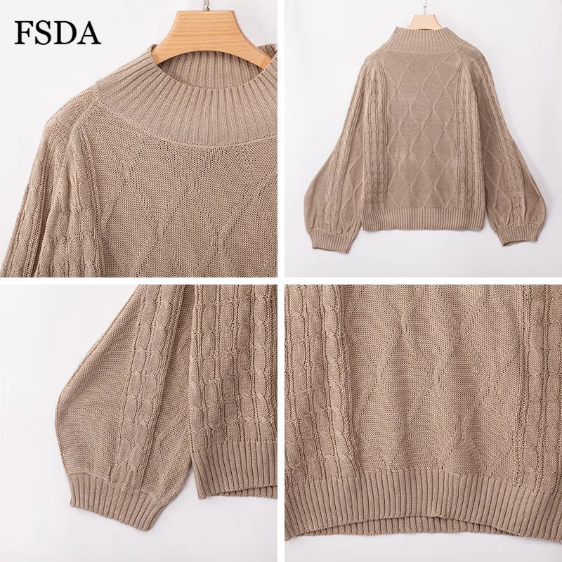 Вязаный зимний свитер FSDA с высоким воротником элегантные однотонные