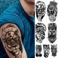 black compass lion temporary tattoos for men women adults realistic fake tiger skull cross tattoo sticker half sleeve arm tatoos