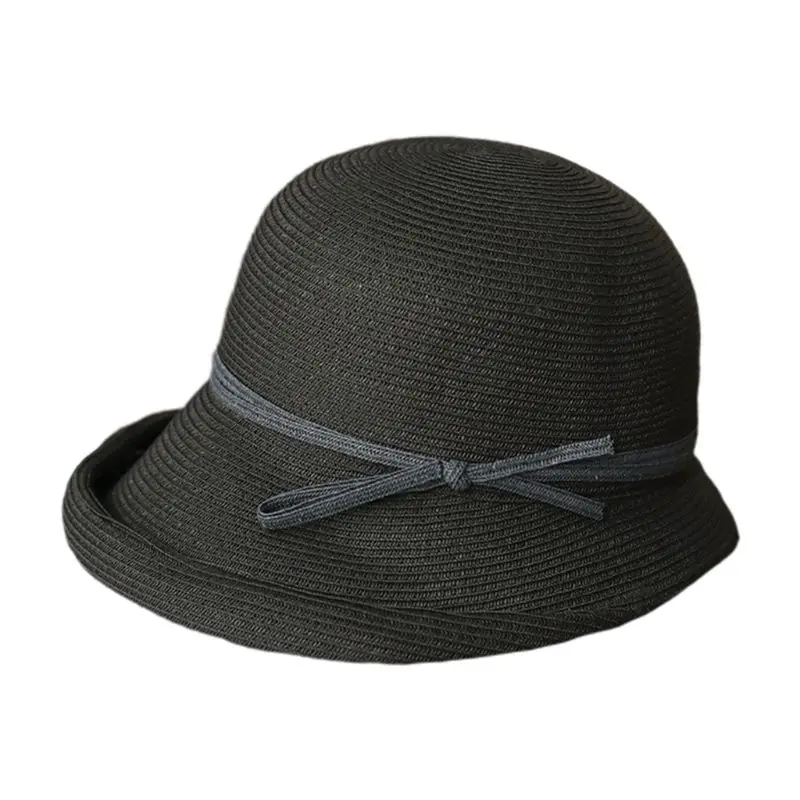 

Women Hepburn Retro Sun Hat Contrast Color Bowknot Roll Brim Foldable Bucket Cap