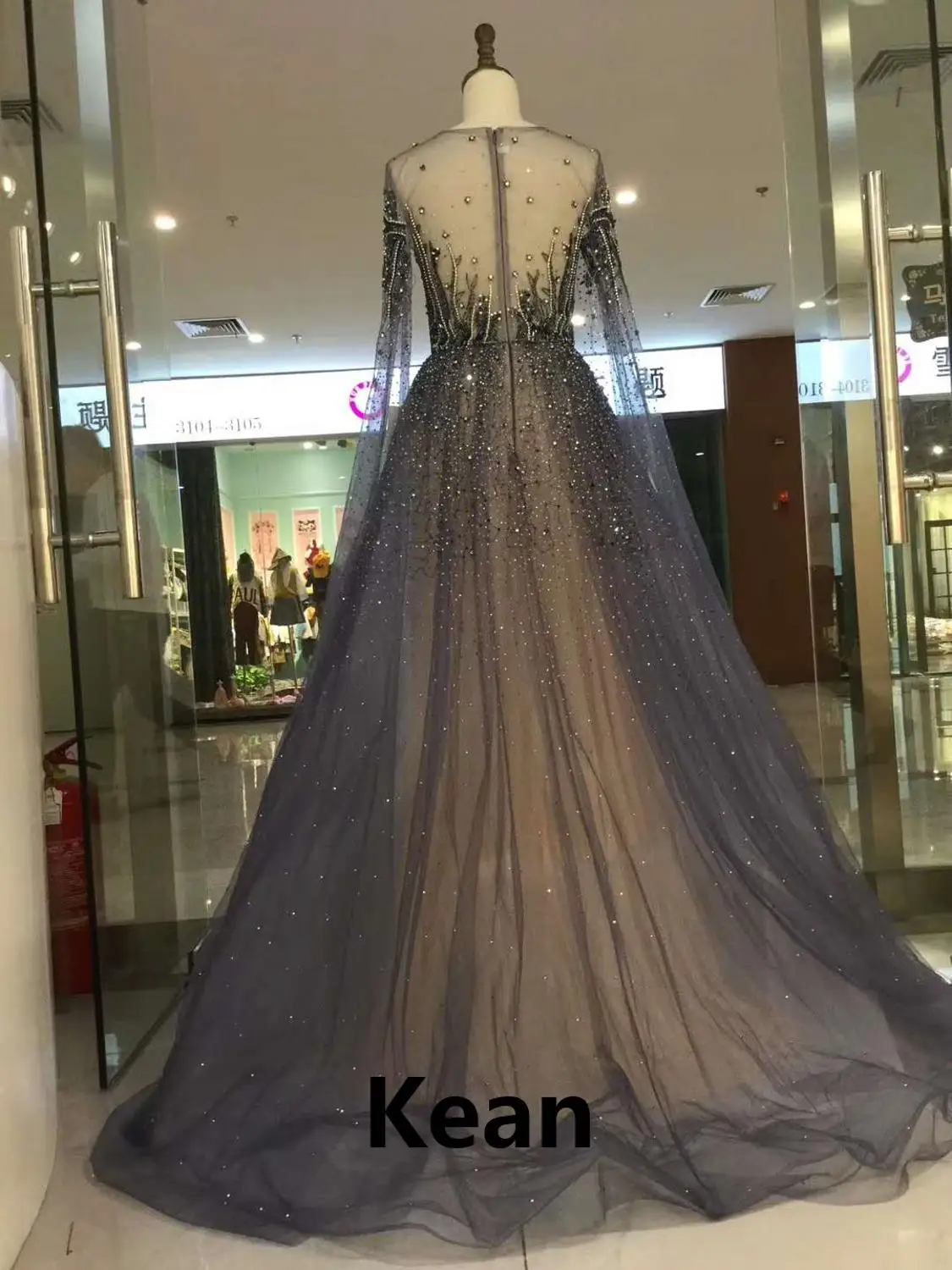 

Real picture Gray Illusion Evening Dress Full Sleeves Scoop Vestidos De Festa Cap Sleeve Prom Dresses Party Evening Dress