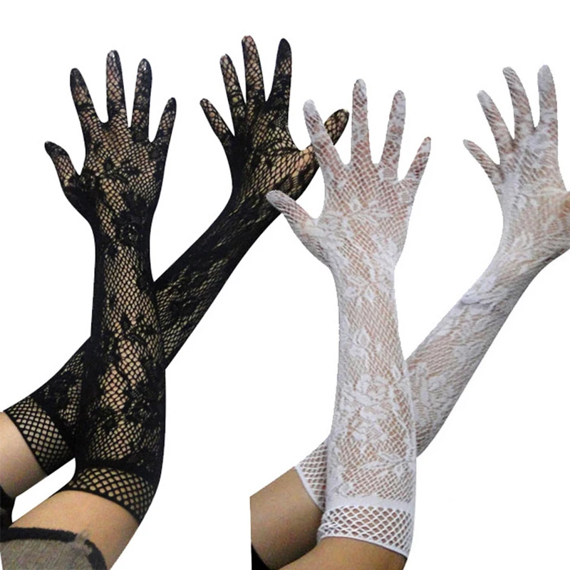 

Black White Fashion Sexy Women Lace Stretchy Elbow Length Evening Party Gloves Summer Sunscreen Fishnet Long Gloves