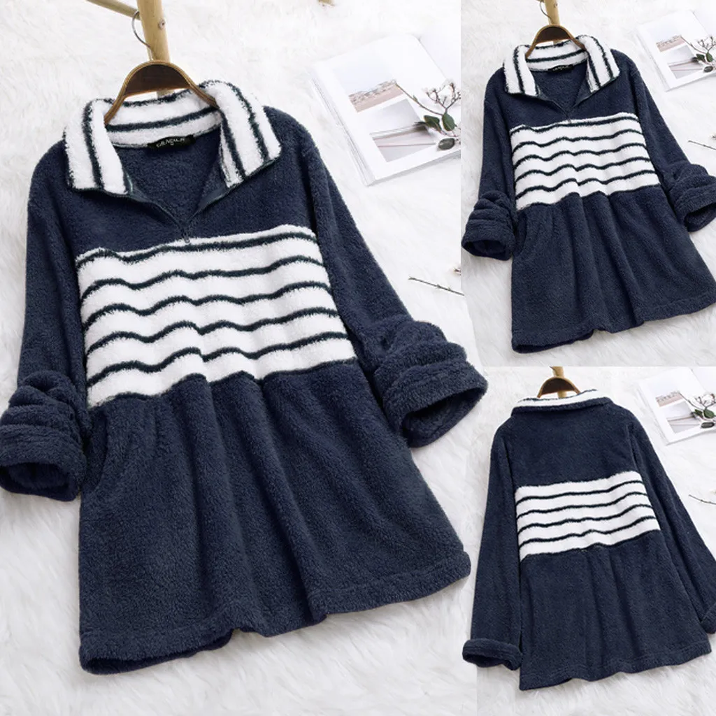 

Vogue Women's Plush Striped Stitching Sweatshirt Winter And Autumn Warm Thick V Collar Loose Long Section Casual Wild Nice