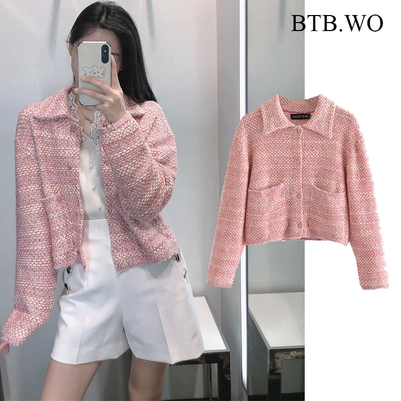 

BTB.WO Za 2021 England Style Vintage Plaid Pink Casual Tweed Long Sleeve Blazers Spring Women Office Fashion Office Wear Coat