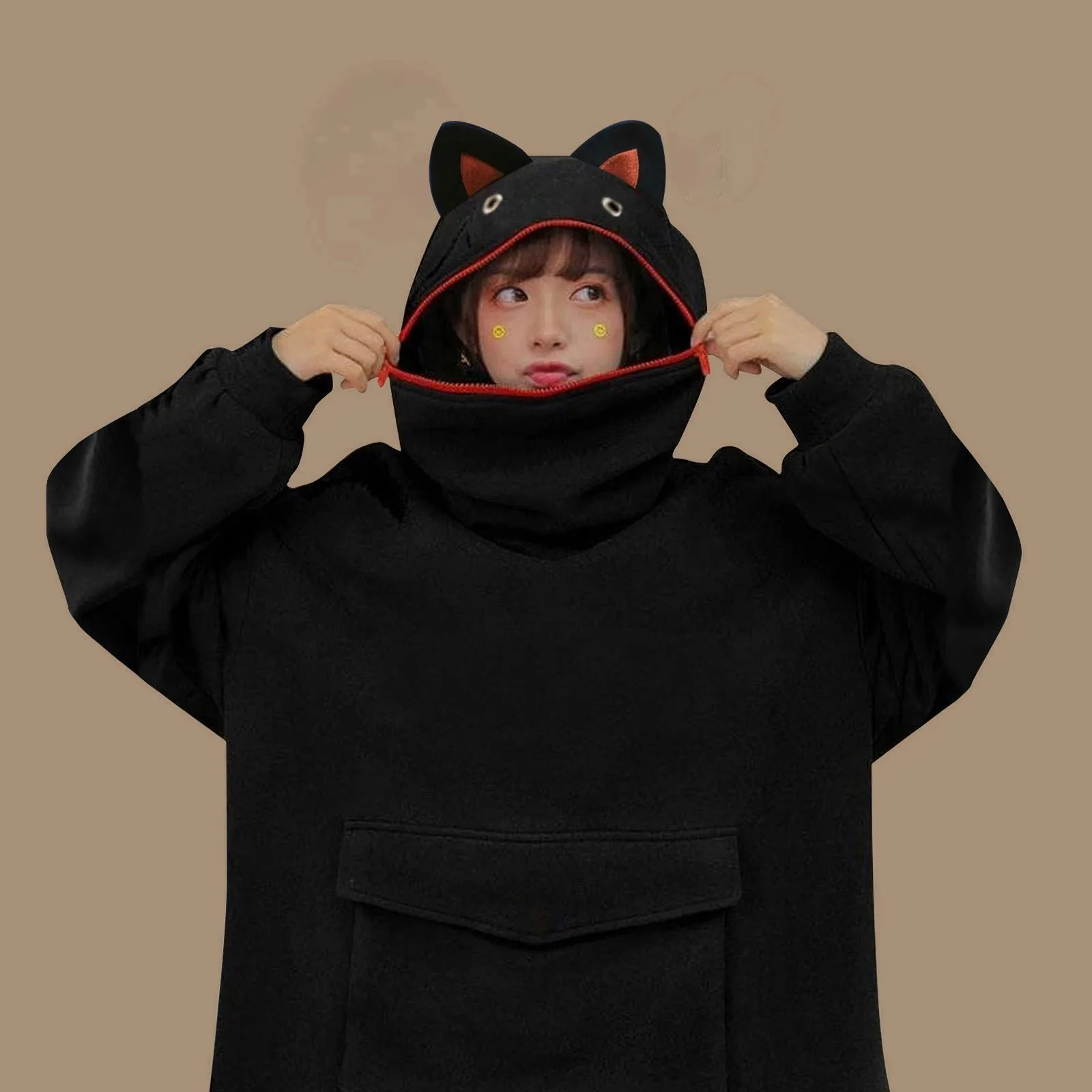 

Korean Style Women's Kawaii Hoodies Stitching Three-dimensional Cute Frogs Design Pullover Big Pocket Zip Up Sweatershirt Mujer