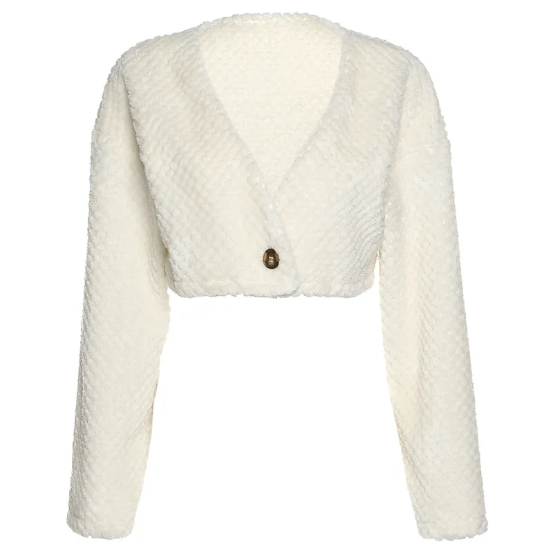 

Autumn 2020 Faux Fur Casual V Neck Coat Single Button Short Jacket Office Lady Outwear Fashion Slim Wild Top Basic