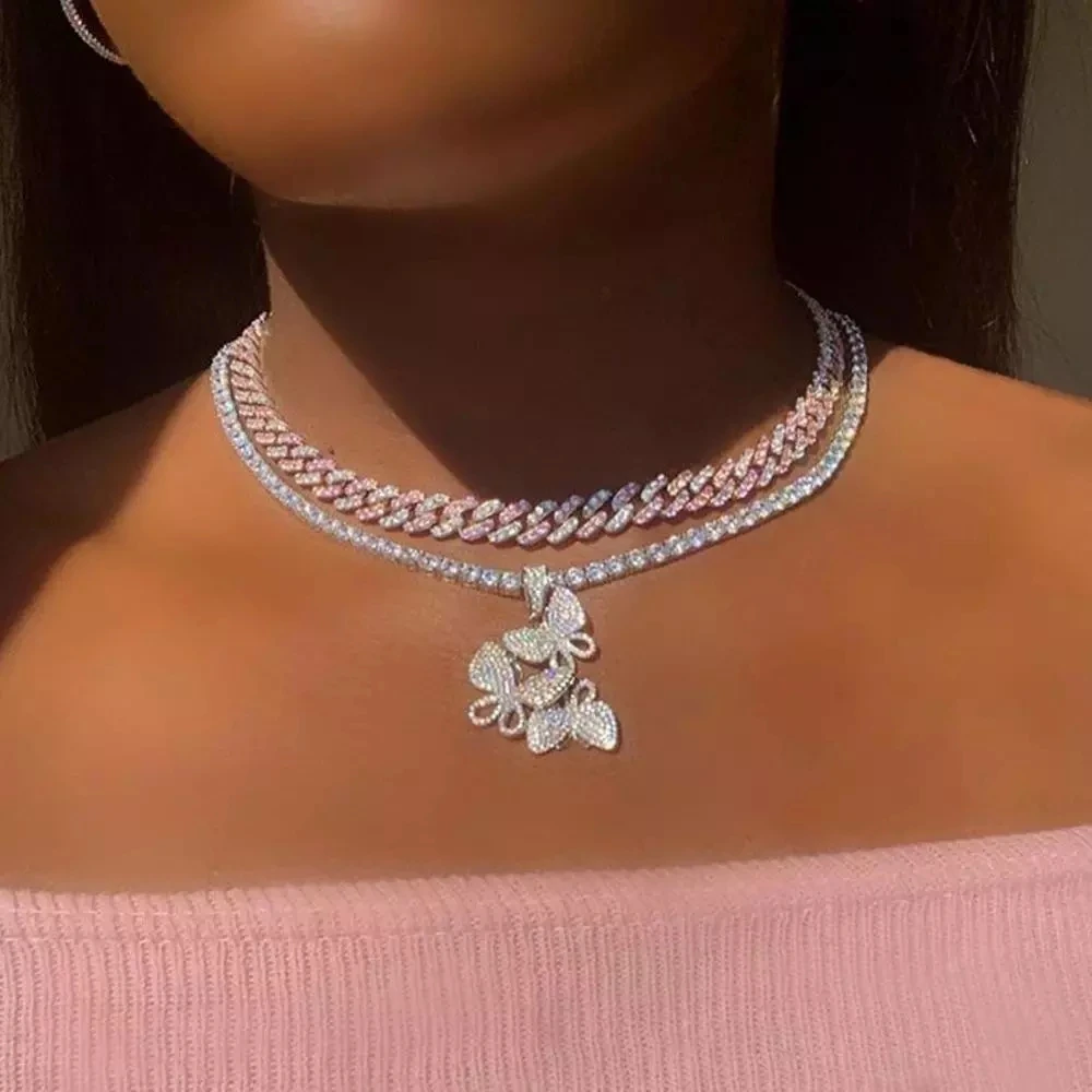 Просто 3 кулон в форме бабочки Цепи льдом роскошные женские туфли лодочки с