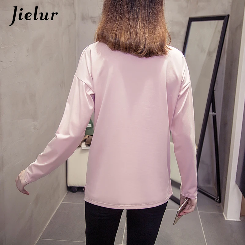 Jielur осень мультфильм вышивка футболка с длинным рукавом для женщин Белый Черный