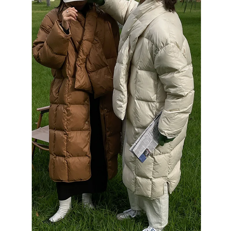 

Зимняя новинка одежда хлеб корейская мода длинный пуховик INS Женский комплект из двух предметов (с пуховым шарфом)