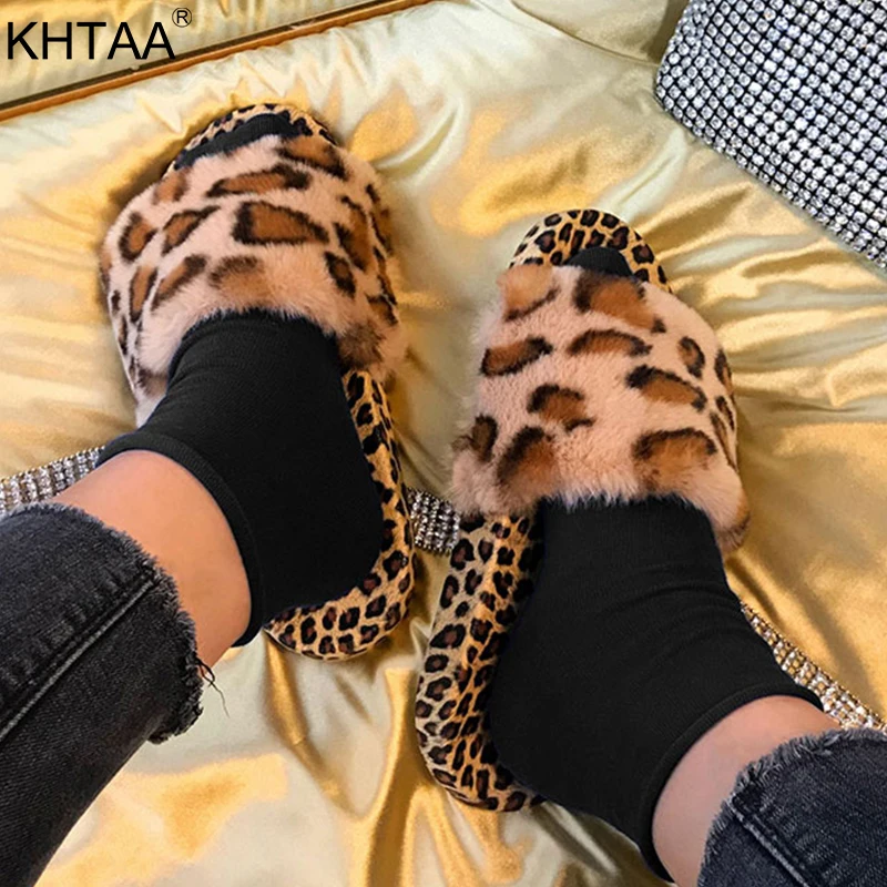 Модные леопардовые женские тапочки из искусственного меха женская обувь на