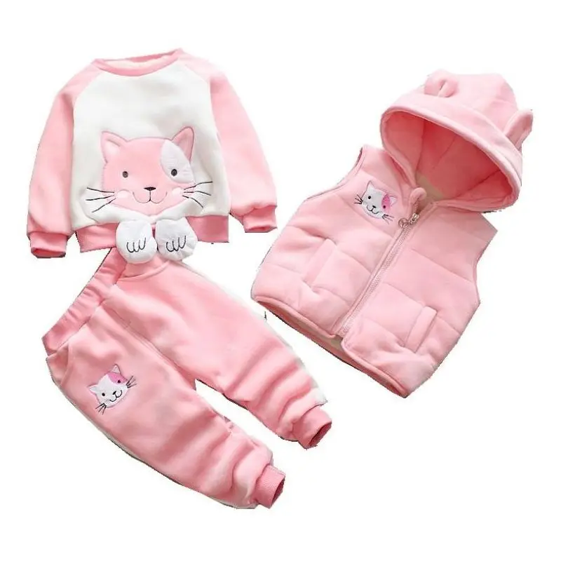 

2020New Children's Clothing Boy Girl Baby Autumn And Winter Plus Velvet Thickening Hooded Cartoon cat Three-Piece Baby Suit 0-4Y