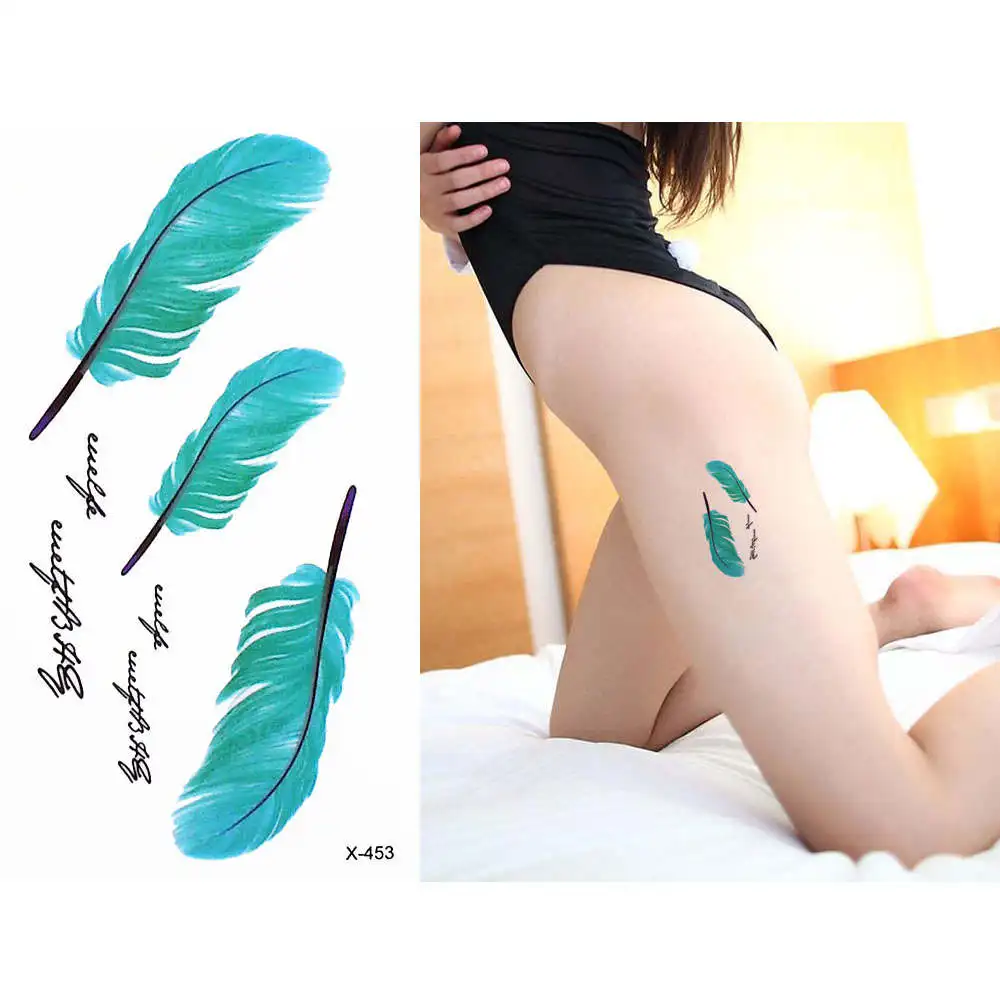 Водостойкая наклейка на татуировку с зеленым пером Временные татуировки боди