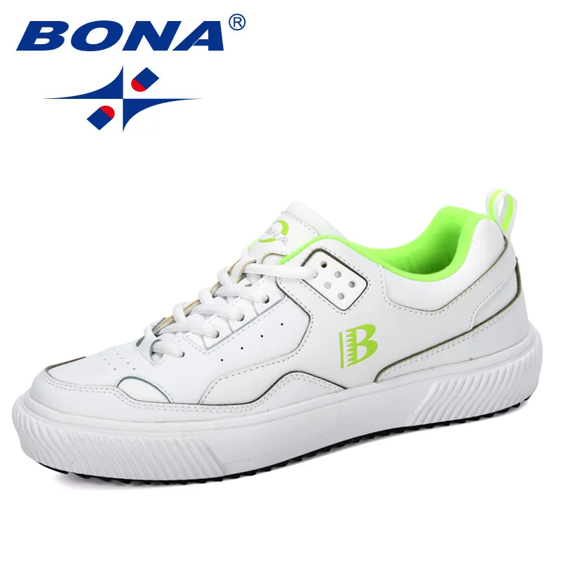 White F green BONA новая дизайнерская мужская обувь кроссовки Повседневная мягкая кожаная обувь для скейтборда Мужские Легкие беговые кроссовки для тренировок - Цвет: White F green