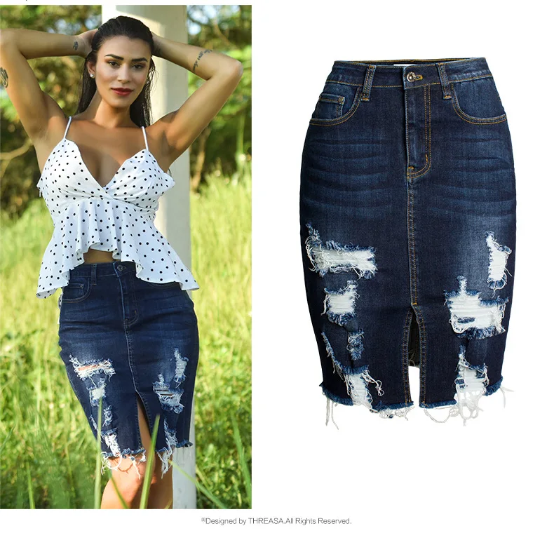 

Women Washed Worn Tassel Denim Skirt High Waist Wrap Hip Split Hold Pockets Skirts