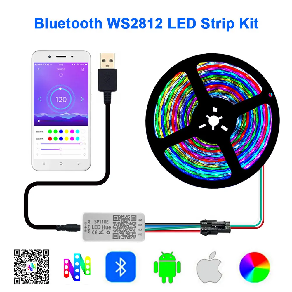DC5V WS2812B Individually Addressable RGB Led Strip Light SP110E Bluetooth Controller USB Cable Kit 30/60/144Led Waterproof IP65