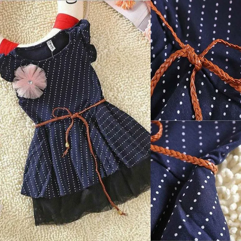 Платье в горошек для девочек летнее Сетчатое платье-пачка без рукавов с поясом