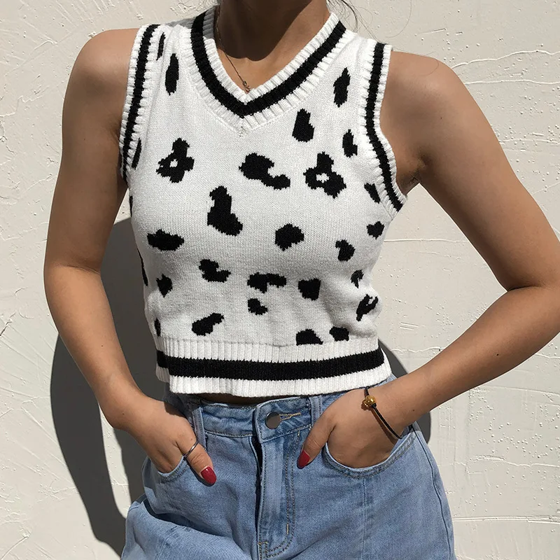 

Summer Women Tank Tops Street Retro Style Cow Print V-Neck Casual Wool Knitting Sleeveless Top Sling Female Fashion 2021 New