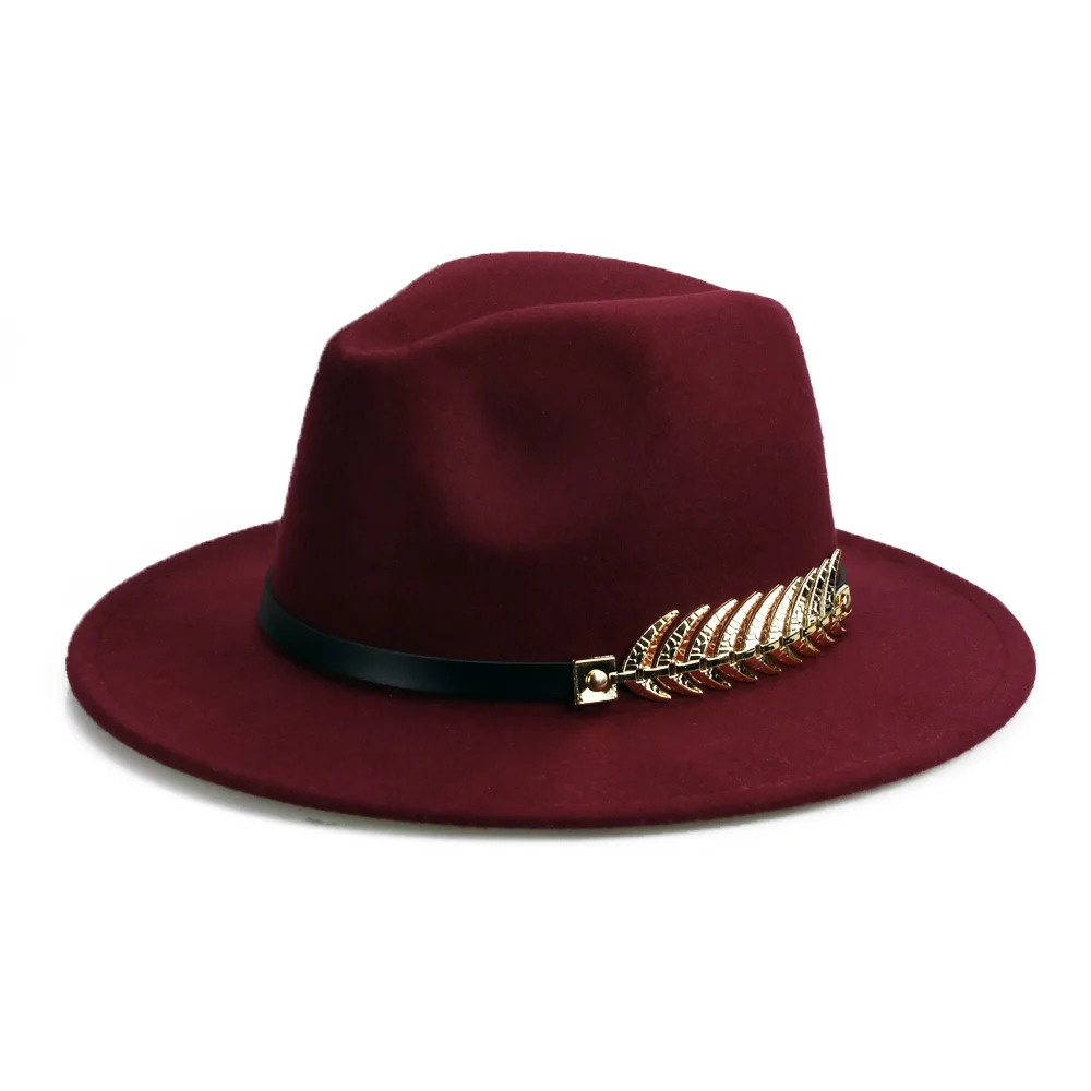 Wine trilby hat Зимняя фетровая шляпа с металлическим поясом, Женская фетровая шляпа с широкими полями, мужская фетровая шляпа, фетровая шляпа, Панама, кепки, винтажная верхняя шляпа, женская шапка YY18001 - Цвет: Wine trilby hat