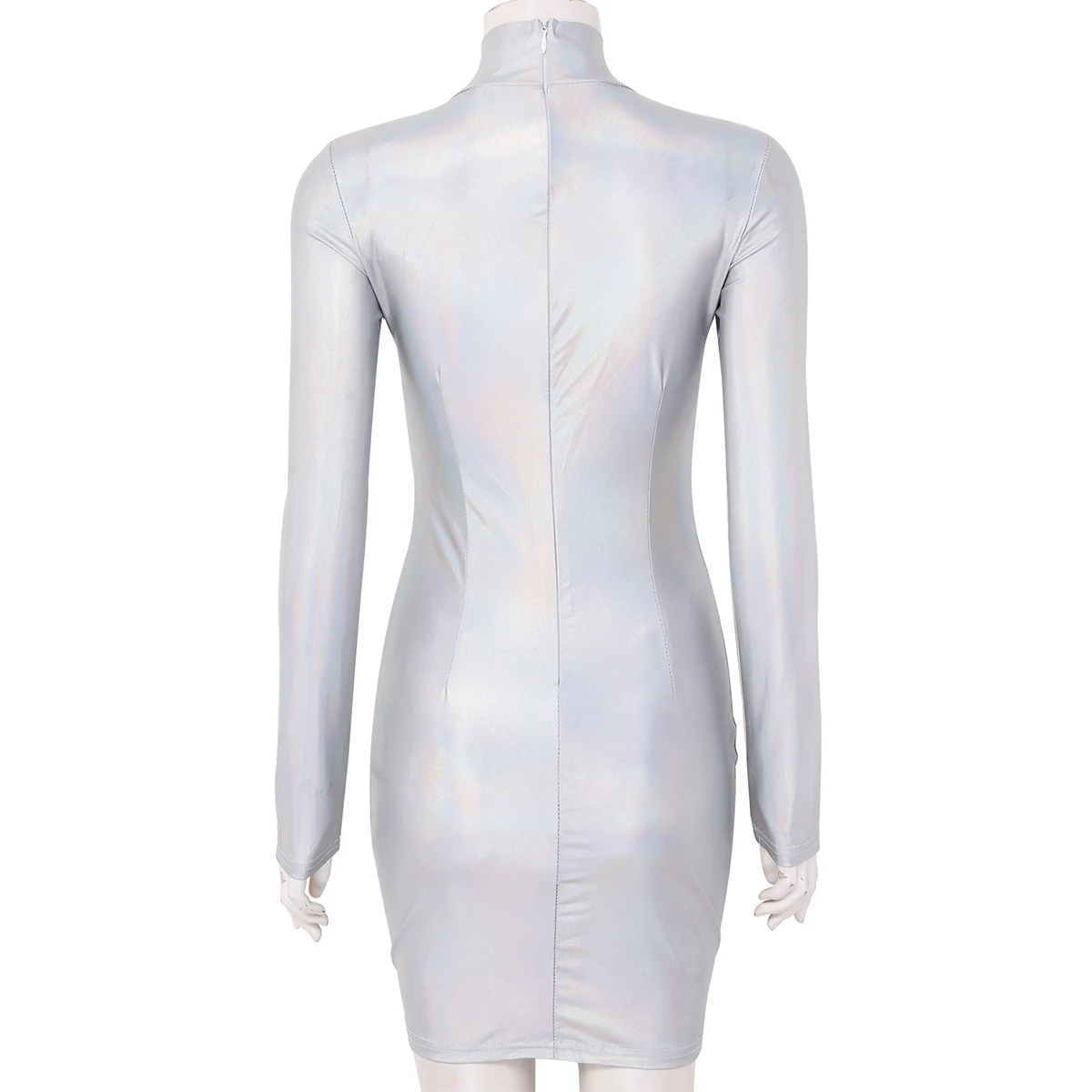 Women Shiny Metallic Holographic Long Sleeves Bodycon Sexy Mini Dress Nightclub Party Clubwear Festival Rave Pole Dance Costume |
