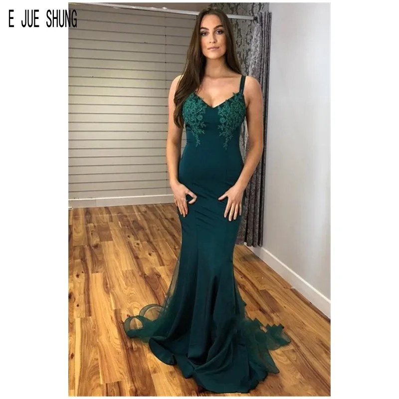 

E JUE SHUNG Dusty Green Mermaid Evening Dresses Spaghetti Strap Lace Appliques Blackless Satin Prom Gowns Vestidos De Fiesta