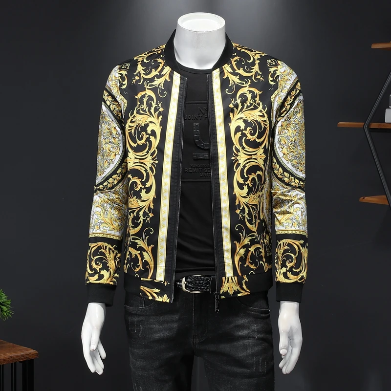 Мужская повседневная куртка бомбер с золотым принтом темно синяя Повседневная в