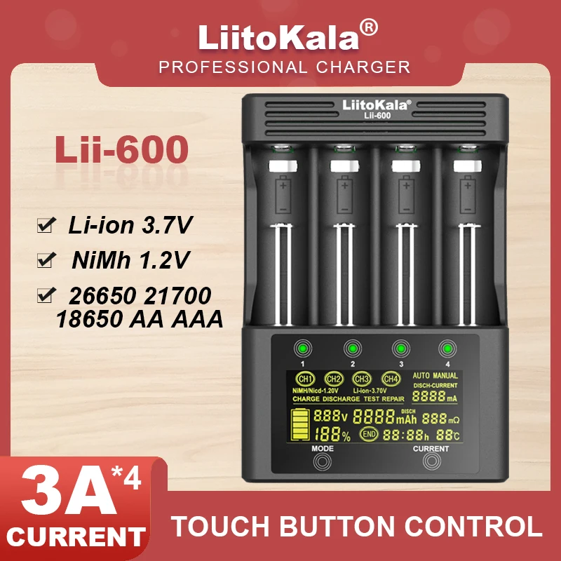 

Liitokala Lii-600 Lii-S8 Lii-500 Lii-PD4 Lii-500S LCD 3.7V 18650 18350 18500 21700 14500 26650 AA NiMH Lithium-Battery Charger