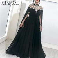 black muslim evening dresses 2020 a line chiffon beaded crystals plus size islamic dubai saudi arabic long formal evening gown