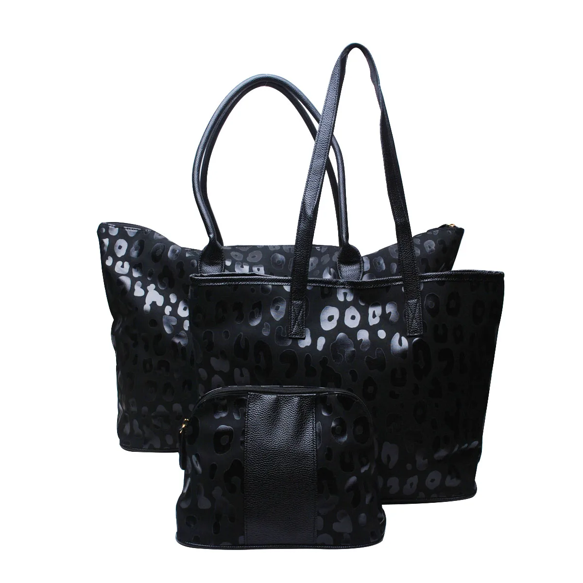 DOM1031851 3PCS/Set Luxury Black Leopard Canvas Women's Tote Duffle Bag Larger Capacity With PU Leather Cosmetic Bag Tote Bag