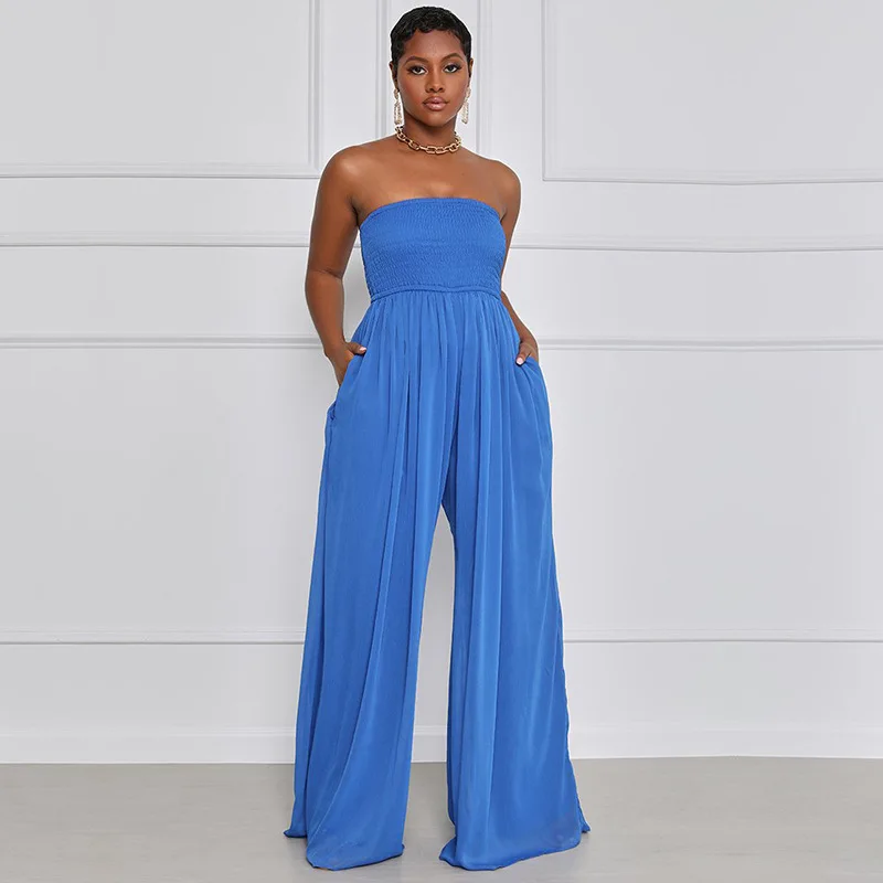M-2XL new Jumpsuit summer 2021 women clothing elegant Solid wrapped chest wide legs rompers with pocket Wholesale