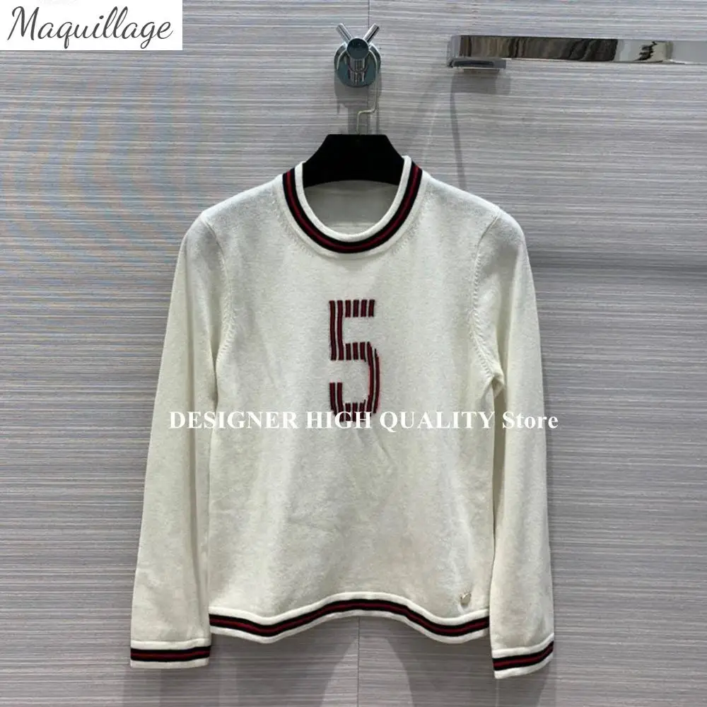 

Luxury Runway Design 100% Cashmere Sweater Women O-neck Stripe Patchwork 5 Letter Long Sleeve Casual Knitted Pullover Jumper