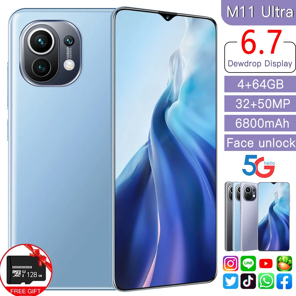 

Hot New M11 Ultra 5G 4GB RAM 64GB ROM 6.7inch Dual Sim Android Mobile Cell Phone Large Capacity Celular Smartphone Copy Mi11